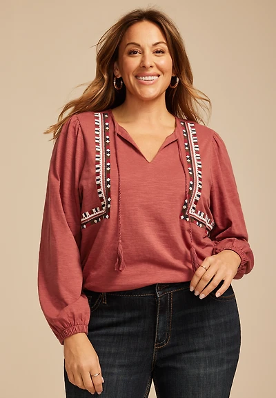 Plus Embroidered Long Sleeve Tie Front Blouse