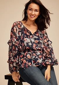 Sheer Floral Tiered Sleeve Blouse