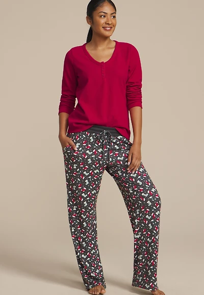 Hacci Henley Long Sleeve Tee And Wide Leg Pajama Set