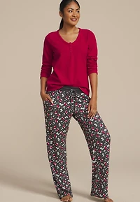 Hacci Henley Long Sleeve Tee And Wide Leg Pajama Set