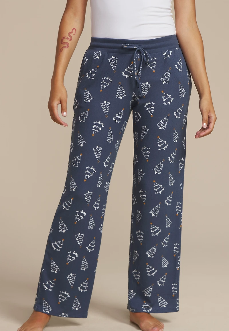 Blue Hacci Christmas Tree  Wide Leg Pajama Pants