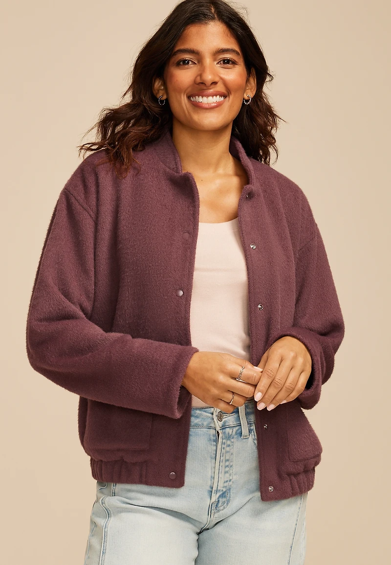 Plush Snap Button Front Bomber Jacket