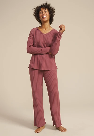 Cozy Wide Ribbed Long Sleeve Tee And Wide Leg Pajama Set