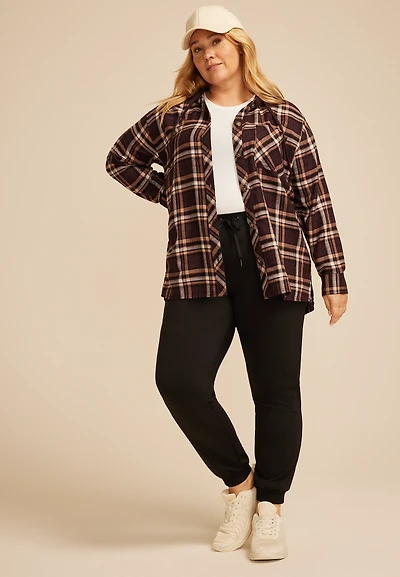 Plus Size Plaid Hooded Boyfriend Button Down Shirt