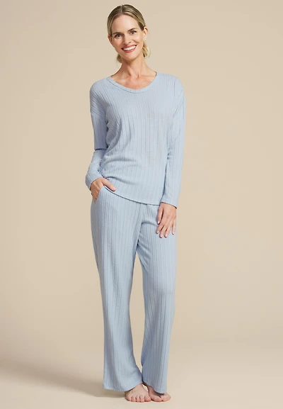 Cozy Wide Ribbed Long Sleeve Tee And Leg Pajama Set