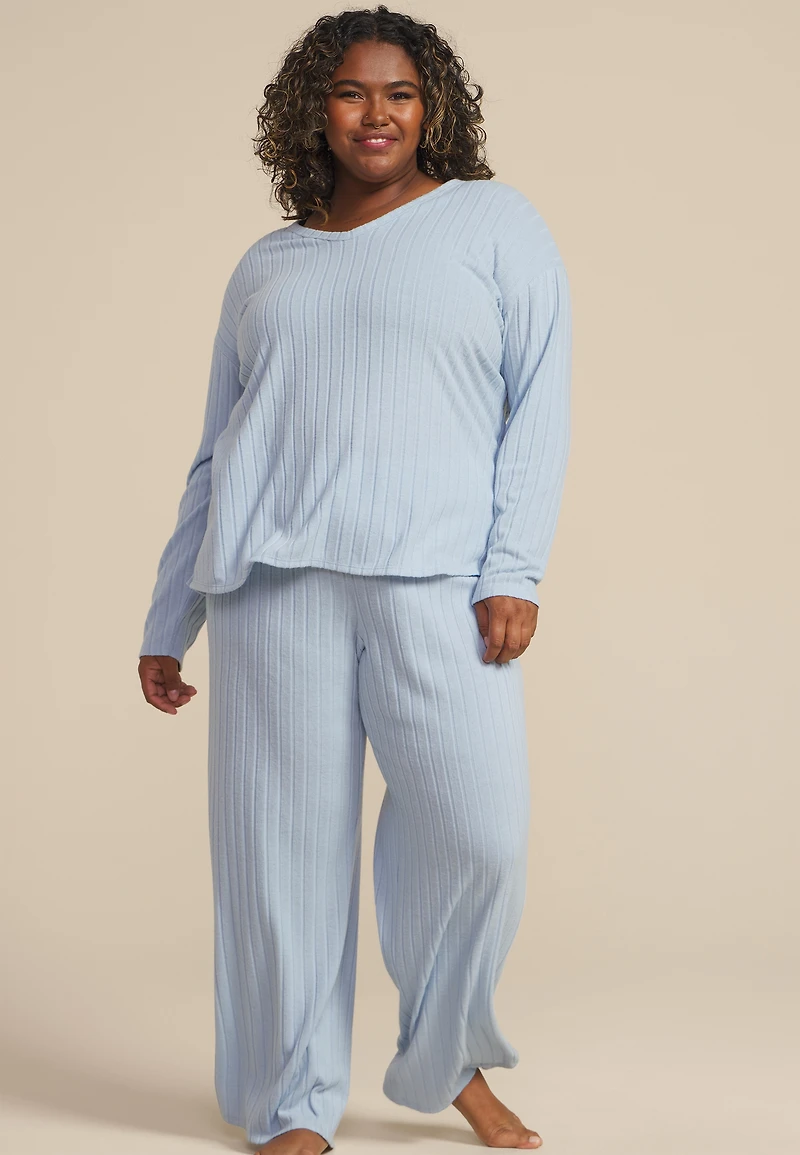 Plus Cozy Wide Ribbed Long Sleeve Tee And Leg Pajama Set