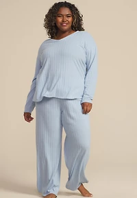 Plus Cozy Wide Ribbed Long Sleeve Tee And Leg Pajama Set