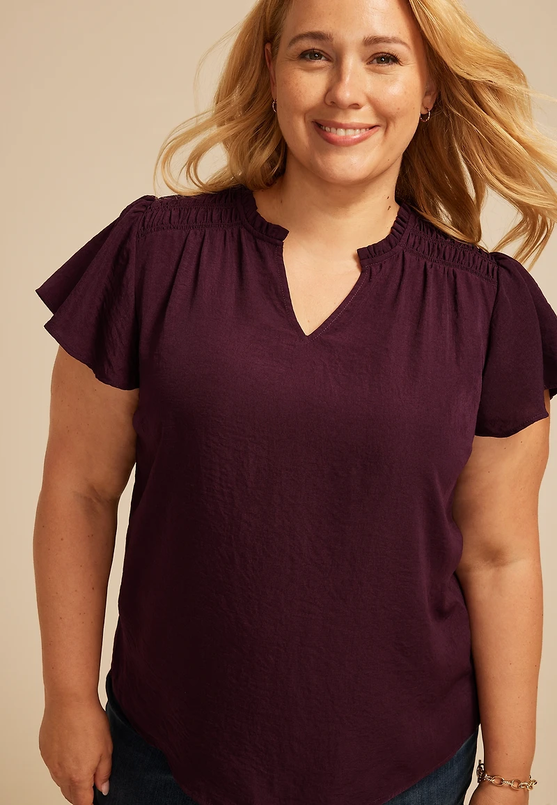 Plus Atwood Smocked Shoulder Flutter Sleeve Blouse