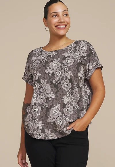 Plus Delton Floral Lace Print Zipper Back Blouse