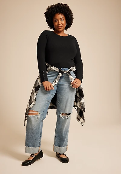 Plus Soft Essential Crew Neck Snap Cuff Top