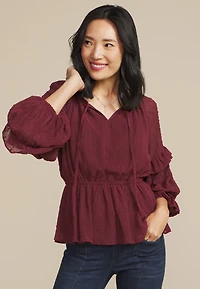 Clip Dot Long Sleeve Peplum Blouse