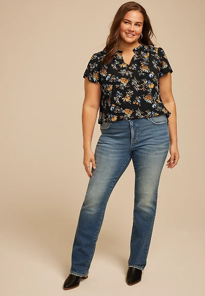 Plus Atwood Floral Smocked Shoulder Flutter Sleeve Blouse