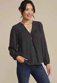 Checkered Button Front Peasant Blouse