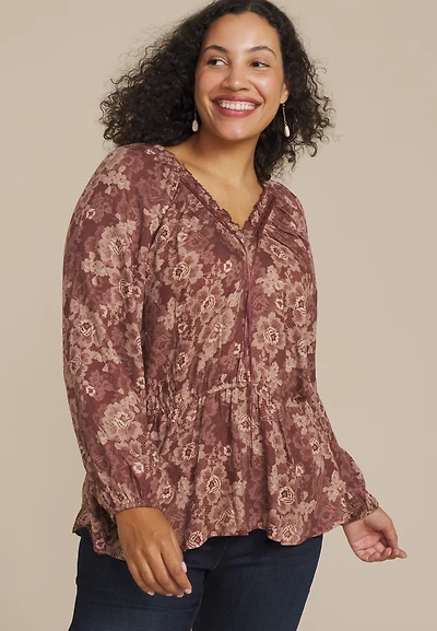 Plus Floral Lace Print Peplum Top