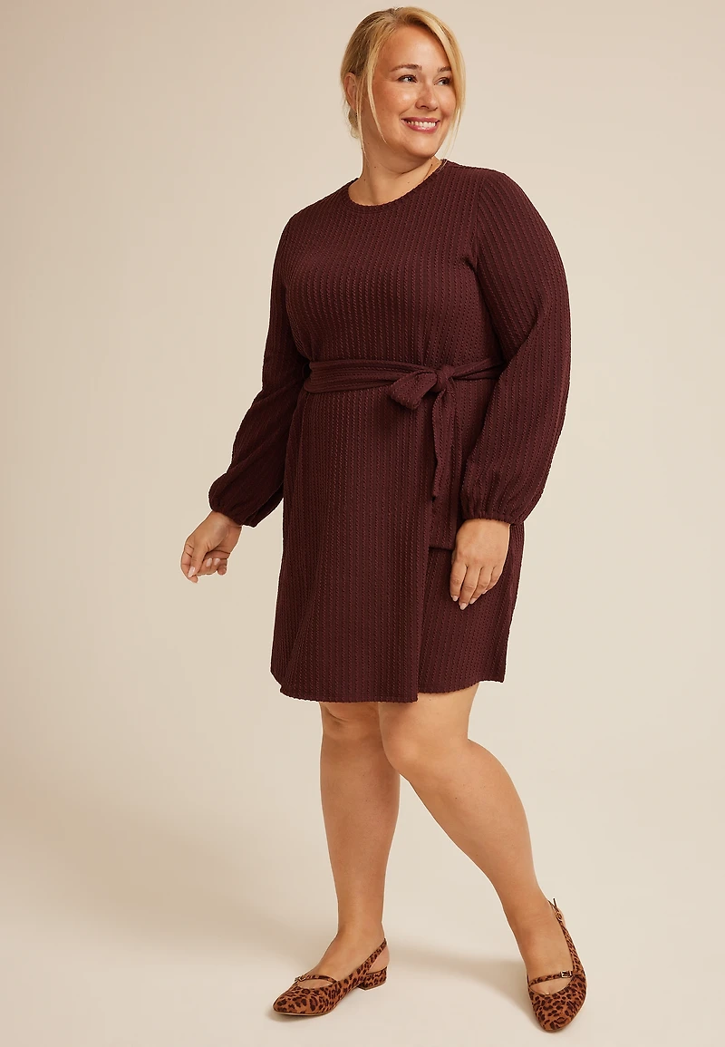 Plus Jacquard Bubble Sleeve Belted Mini Dress