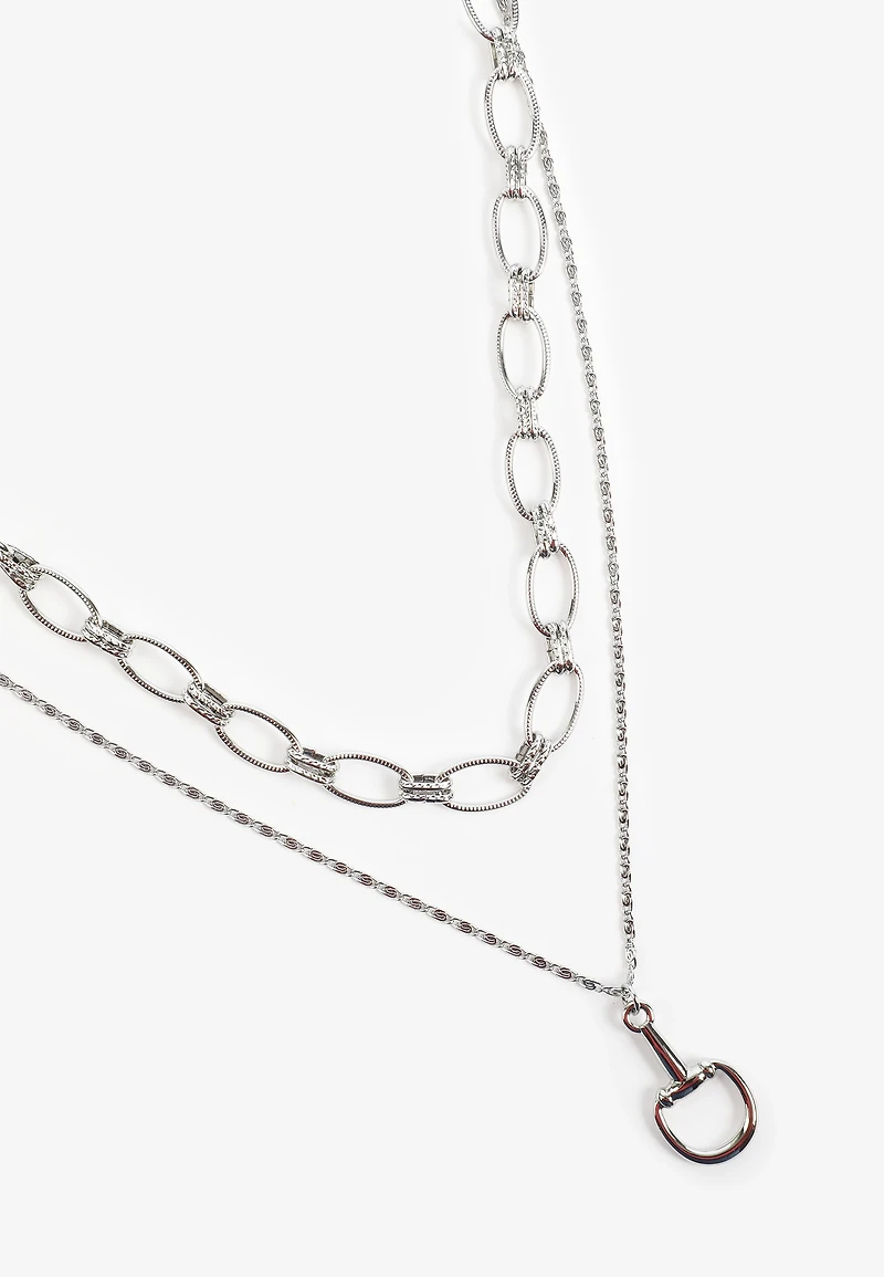 Silver Stirrup Pendant Layered Necklace