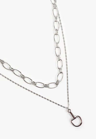 Silver Stirrup Pendant Layered Necklace