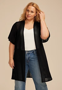 Plus Black Sheer Short Sleeve Kimono