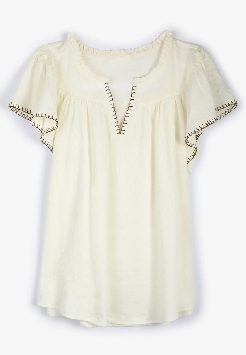 Whipstitch Flutter Sleeve Blouse