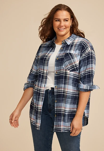 Plus Size Cabin Plaid Boyfriend Tunic Button Down Shirt