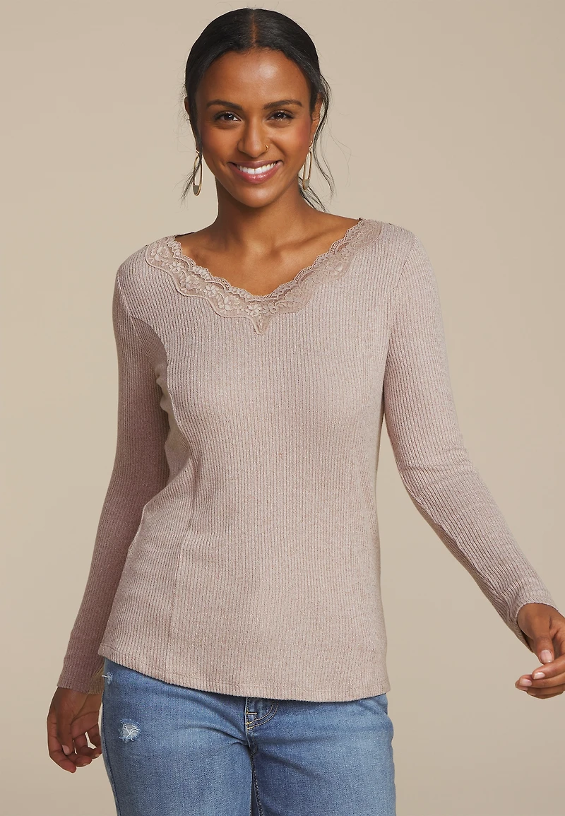 Cozy Lace Trim V Neck Top