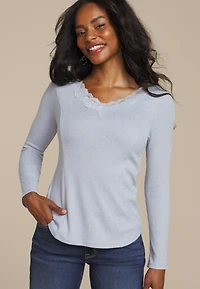 Cozy Lace Trim V Neck Top