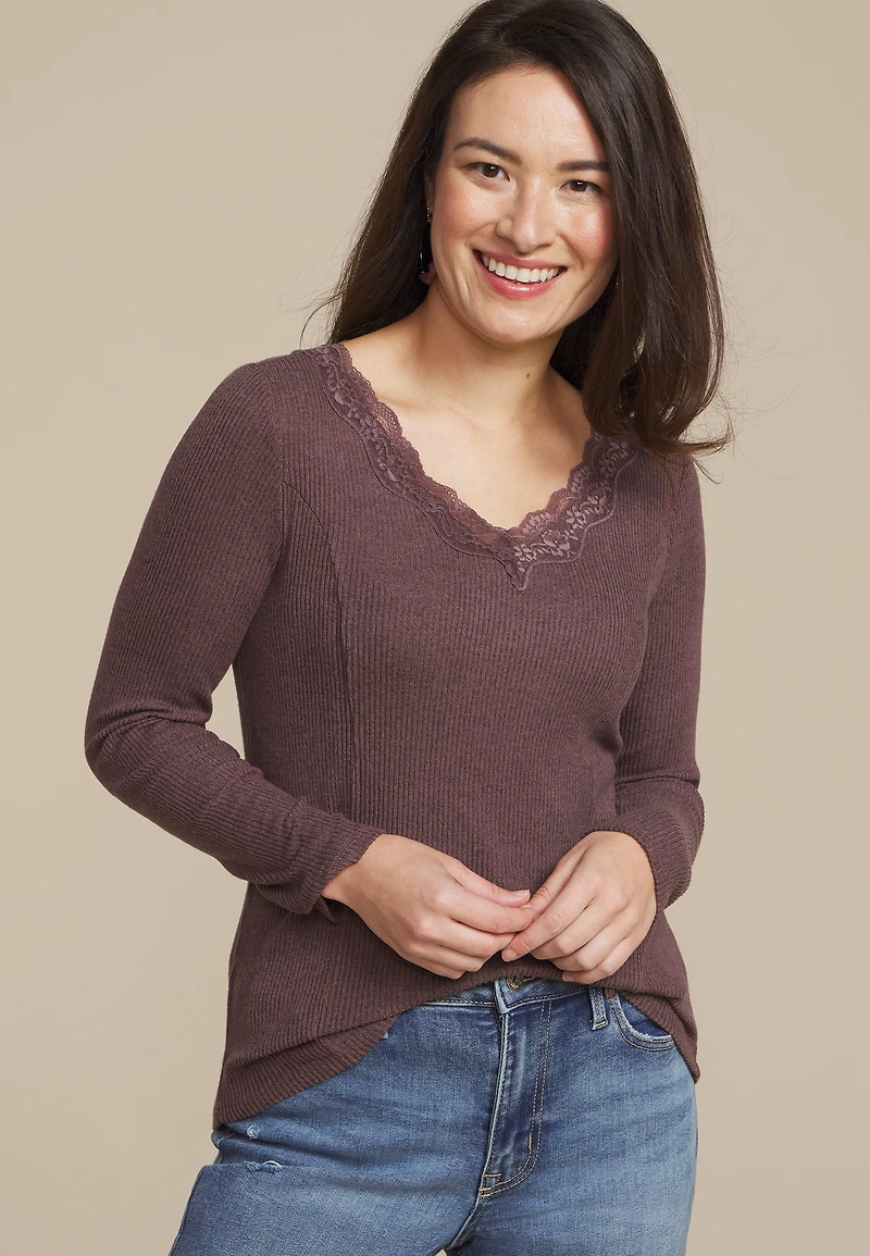 Cozy Lace Trim V Neck Top