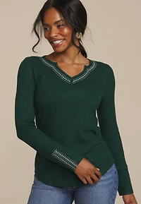 Embroidered Notch Neck Ribbed Long Sleeve Tee