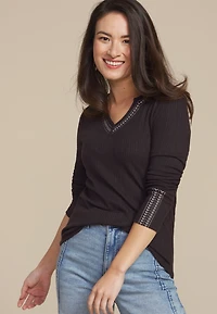 Embroidered Notch Neck Ribbed Long Sleeve Tee