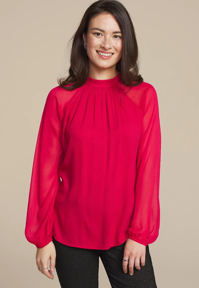 Mock Neck Long Sheer Sleeve Blouse