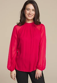 Mock Neck Long Sheer Sleeve Blouse