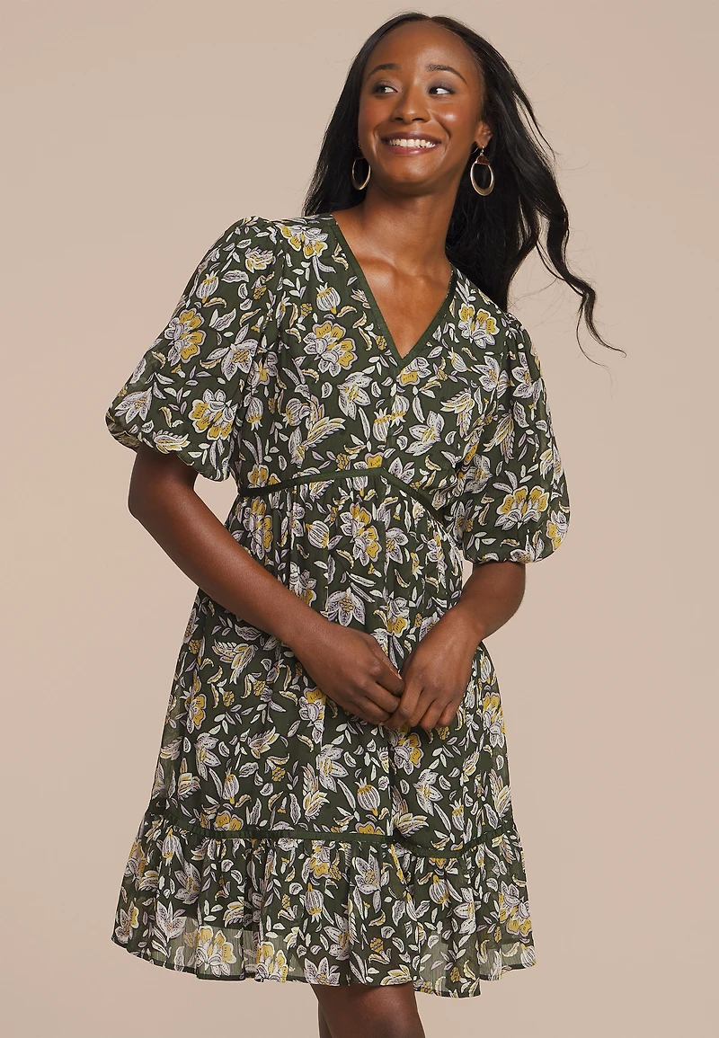 Floral Bubble Sleeve Mini Dress