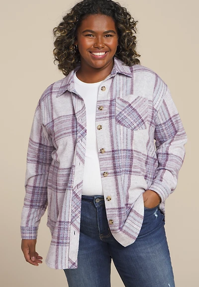 Plus Size Plush Knit Purple Plaid Boyfriend Button Down Shirt