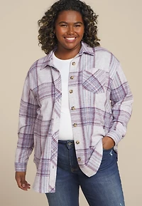 Plus Size Plush Knit Purple Plaid Boyfriend Button Down Shirt