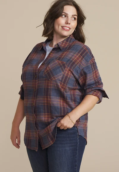 Plus Cabin Plaid Boyfriend Tunic Button Down Shirt