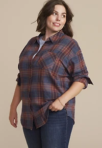 Plus Cabin Plaid Boyfriend Tunic Button Down Shirt