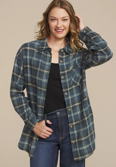 Cabin Plaid Boyfriend Tunic Button Down Shirt