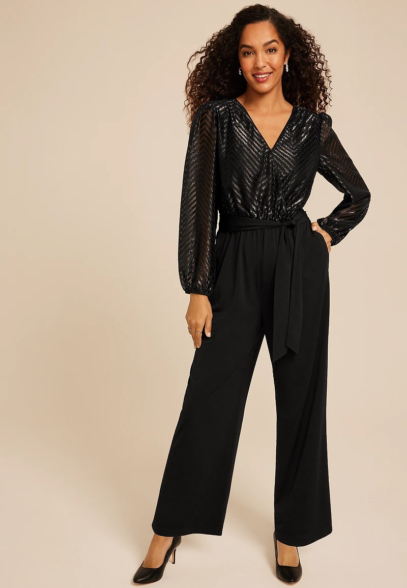 Black Chevron Metallic Wrap Jumpsuit
