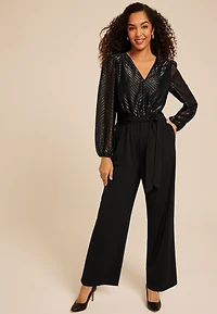 Black Chevron Metallic Wrap Jumpsuit