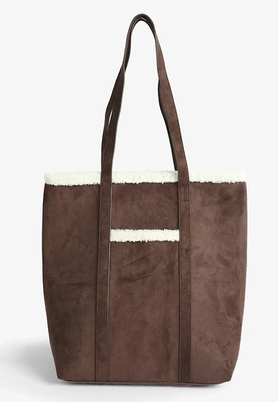 Faux Suede Sherpa Trim Tote Bag