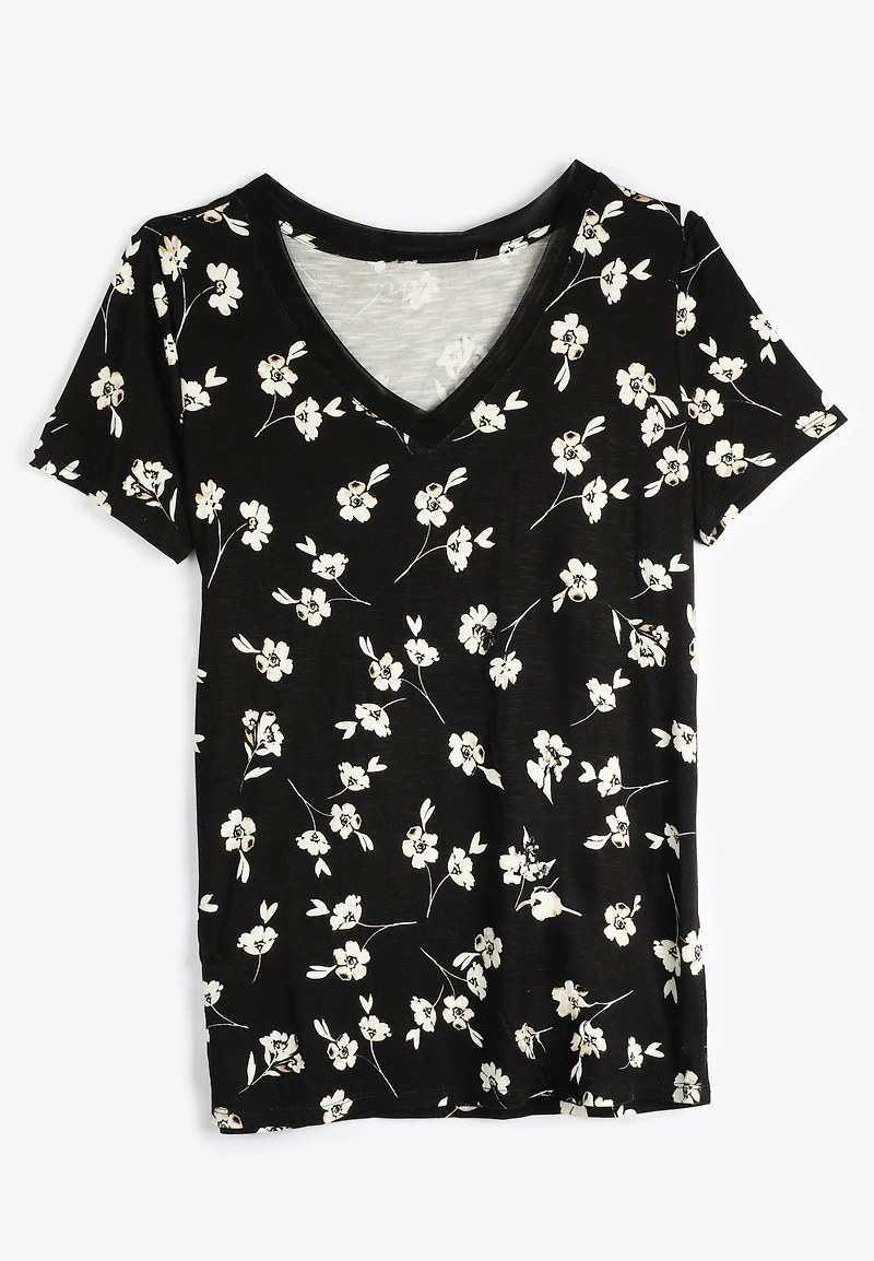 24/7 Mesh Trim Floral V Neck Tee