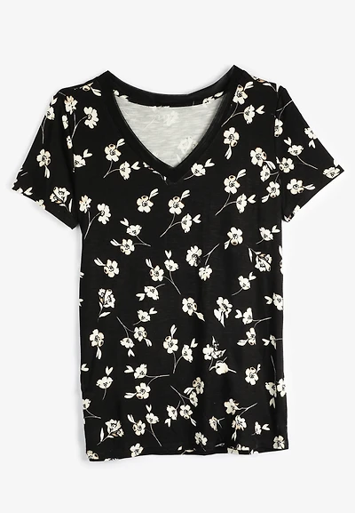 24/7 Mesh Trim Floral V Neck Tee