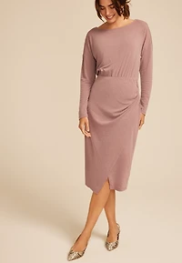 Mauve Boat Neck Faux Wrap Midi Dress