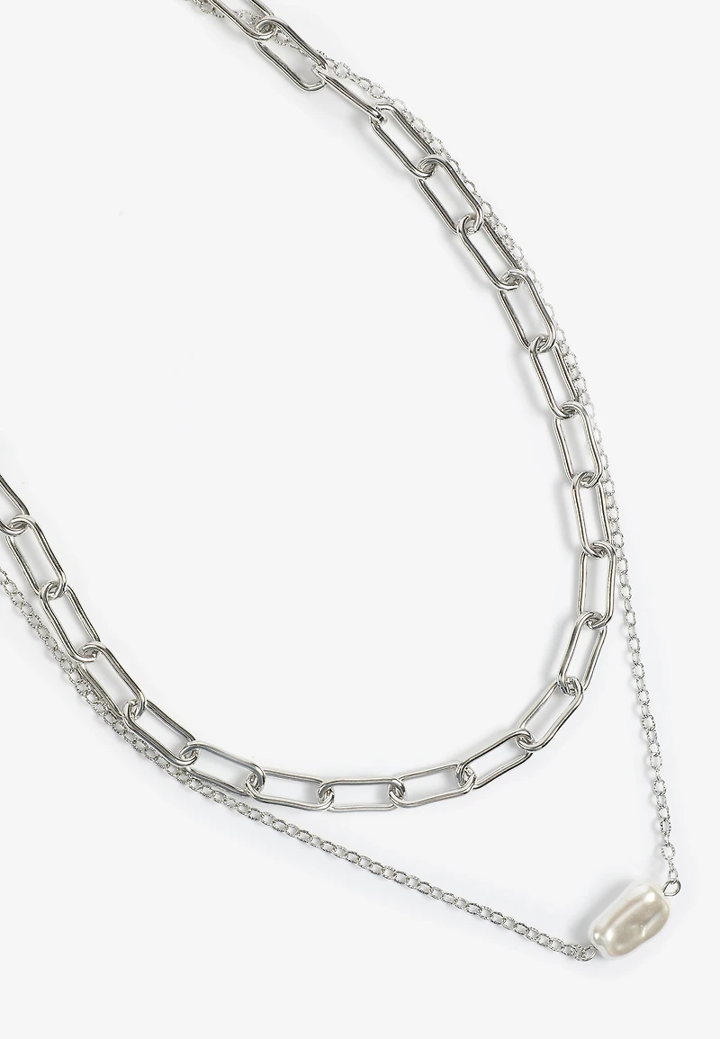Silver Hammered Pearl Double Layered Necklace