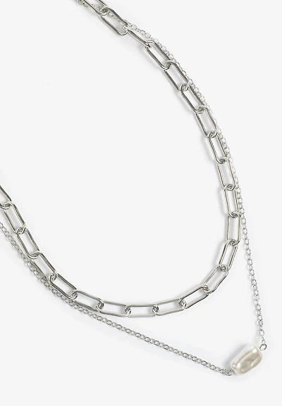 Silver Hammered Pearl Double Layered Necklace