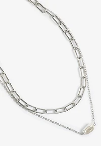 Silver Hammered Pearl Double Layered Necklace