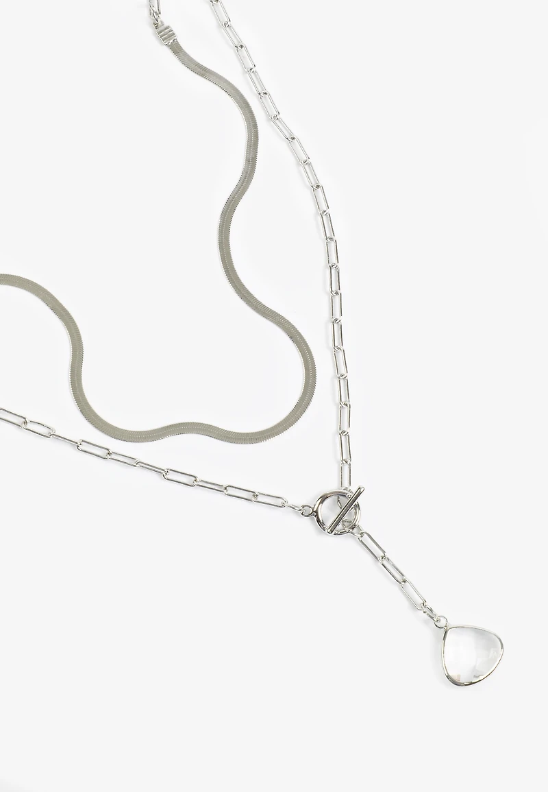 Silver Teardrop Pendant Layered Necklace