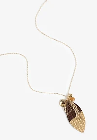 Gold And Brown Dipped Faux Leather Leaf Pendant Necklace