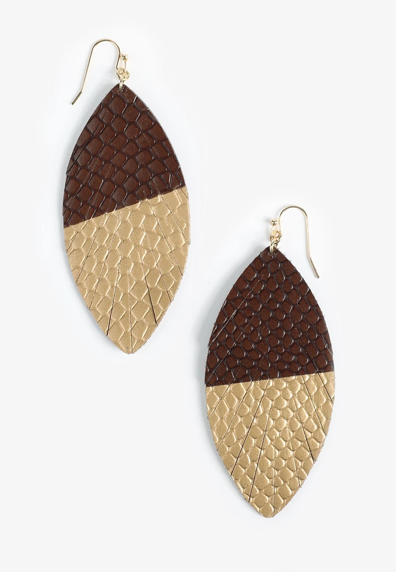 Gold And Brown Dipped Faux Leather Leaf Earrings