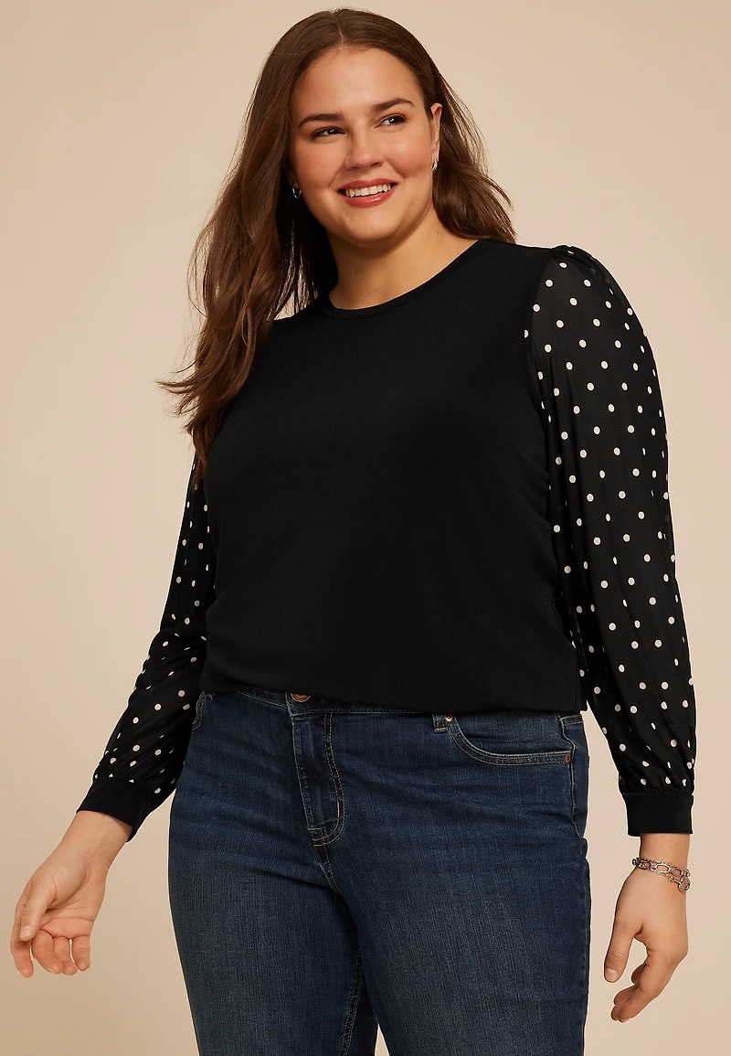 Plus Black Polka Dot Mesh Puff Sleeves Top